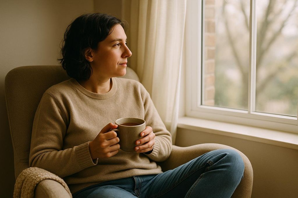 A woman with short dark hair in a beige sweater and jeans sits in an armchair, holding a mug of tea and looking contemplatively out a window.