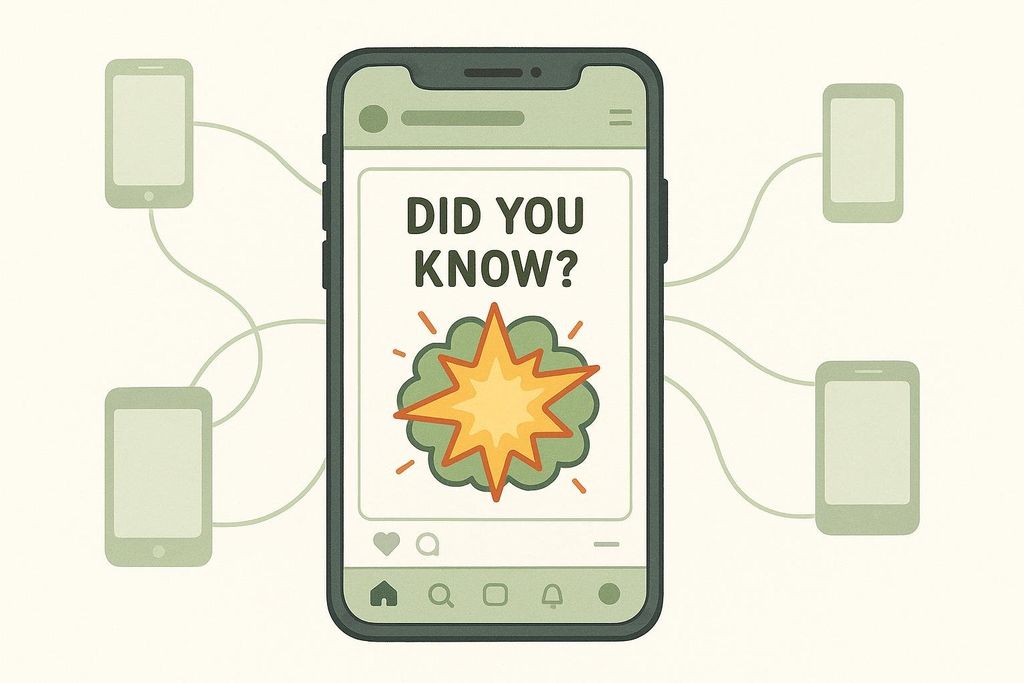 An illustration of a large smartphone displaying a social media post with the text 'DID YOU KNOW?' above an explosion icon, representing a spreading myth. Four smaller, blank smartphones are connected to the central phone by lines, indicating the viral sharing of content.
