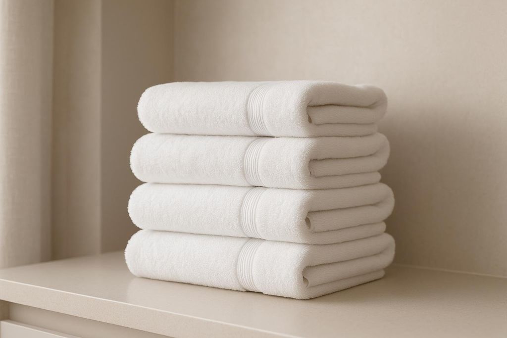 A stack of fresh towels in a bathroom, representing a consistent morning routine.