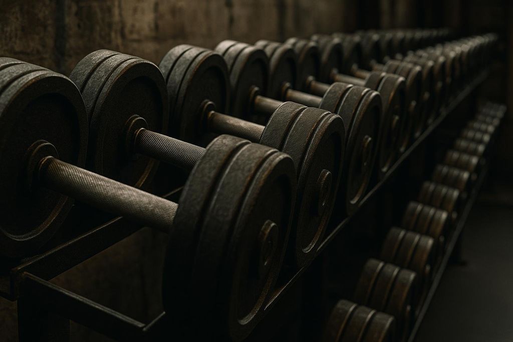 A close-up, angled shot of a row of dark, metallic dumbbells neatly organized on a rack in a dimly lit gym. The textured handles and plates of the dumbbells are visible, suggesting a well-used fitness environment.