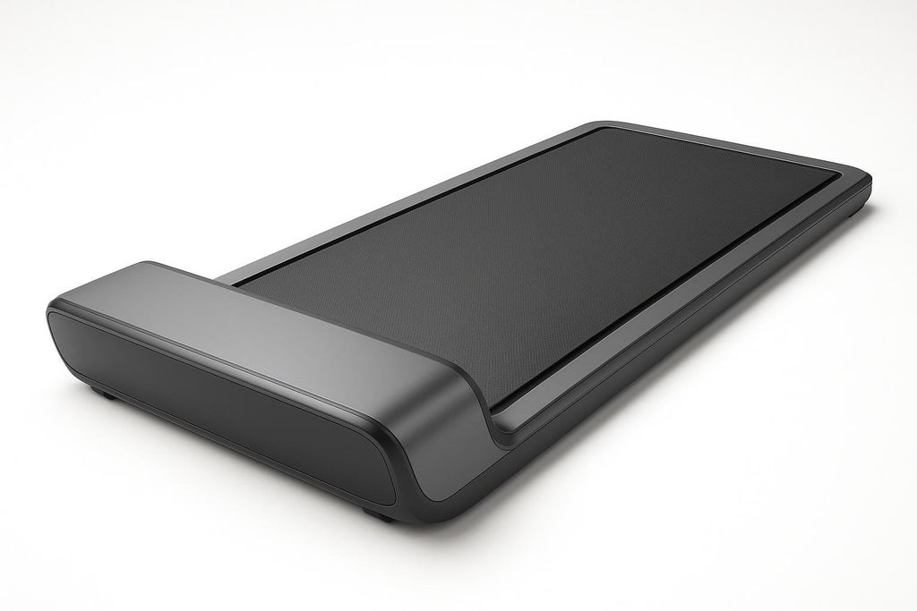 A sleek, modern walking pad with a dark gray base and a black track, positioned diagonally on a clean white background.