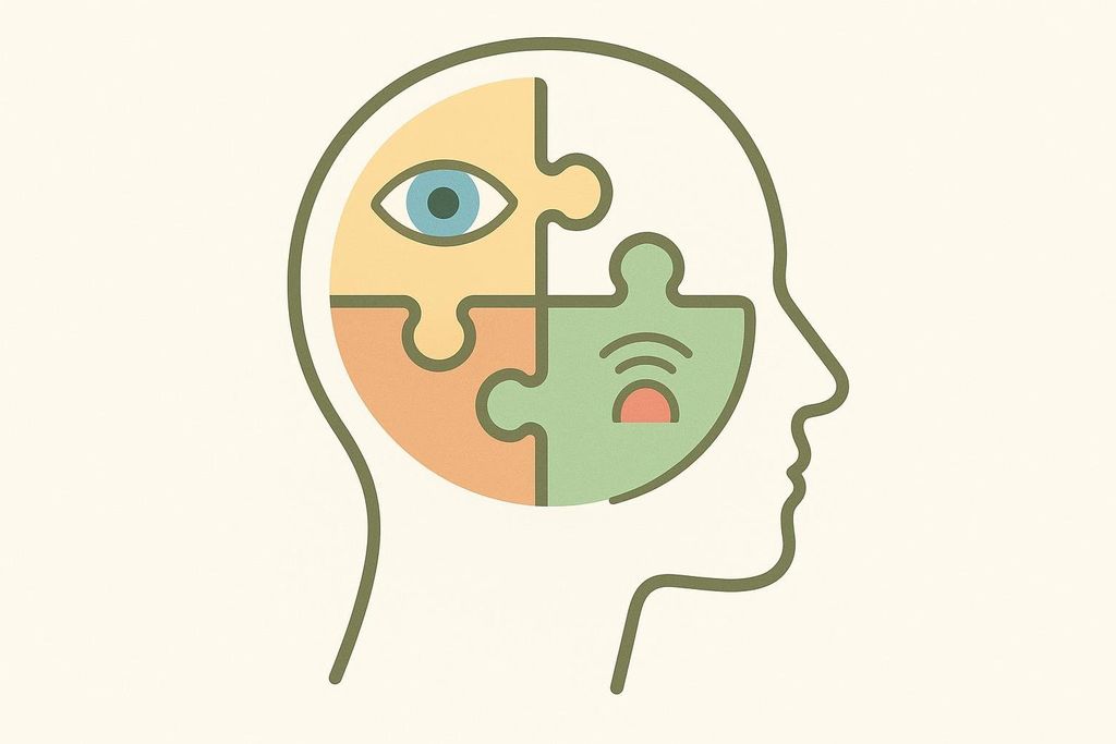 Abstract illustration of a human head outline in profile, filled with four interlocking puzzle pieces. One piece contains an eye, and another contains a symbol for sound or hearing, representing sensory integration and cognitive processes.