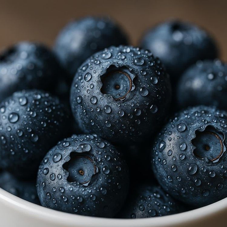 A close-up, macro shot of fresh, wet blueberries with water droplets on their surface, nestled in a white bowl.