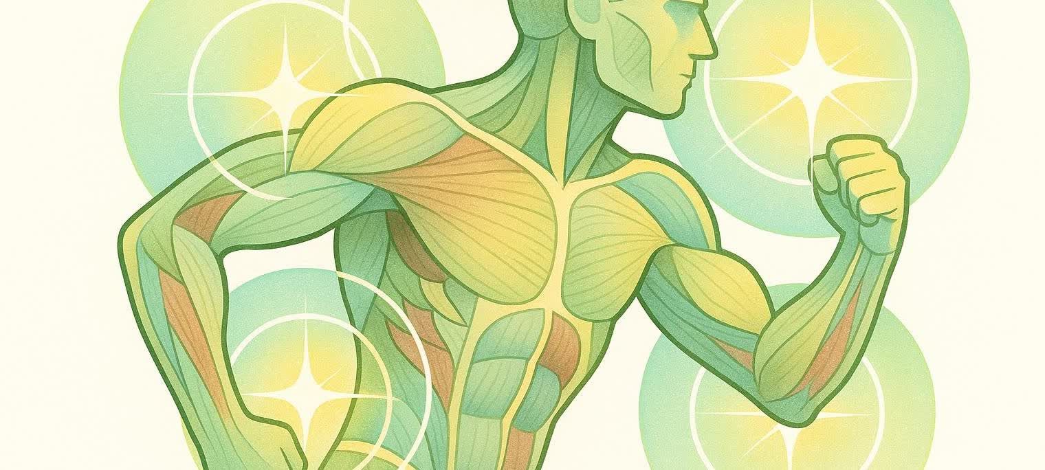 An abstract illustration of a human torso and arms, depicted with muscles stylized like plant leaves in varying shades of green, yellow, and orange-brown. Bright, star-like glows and circular patterns in green and yellow surround the figure, conveying a sense of energy and vitality.