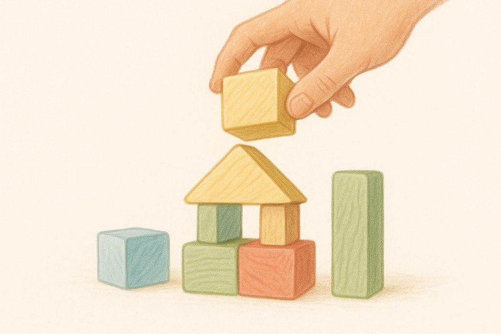 A hand placing a yellow cube block on top of other colorful wooden blocks shaped like a house, with additional blocks scattered around. The image implies construction or rebuilding.