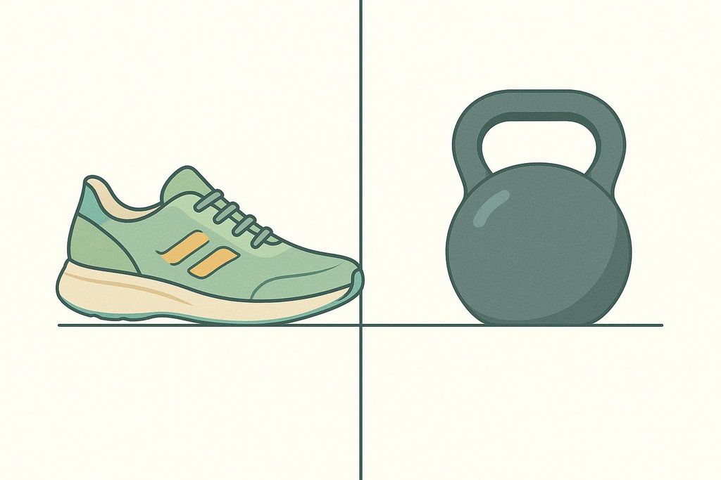 A stylized graphic showing a light green running shoe and a dark grey kettlebell, connected by a continuous thin dark line that represents steady performance. The background is a very light off-white color.