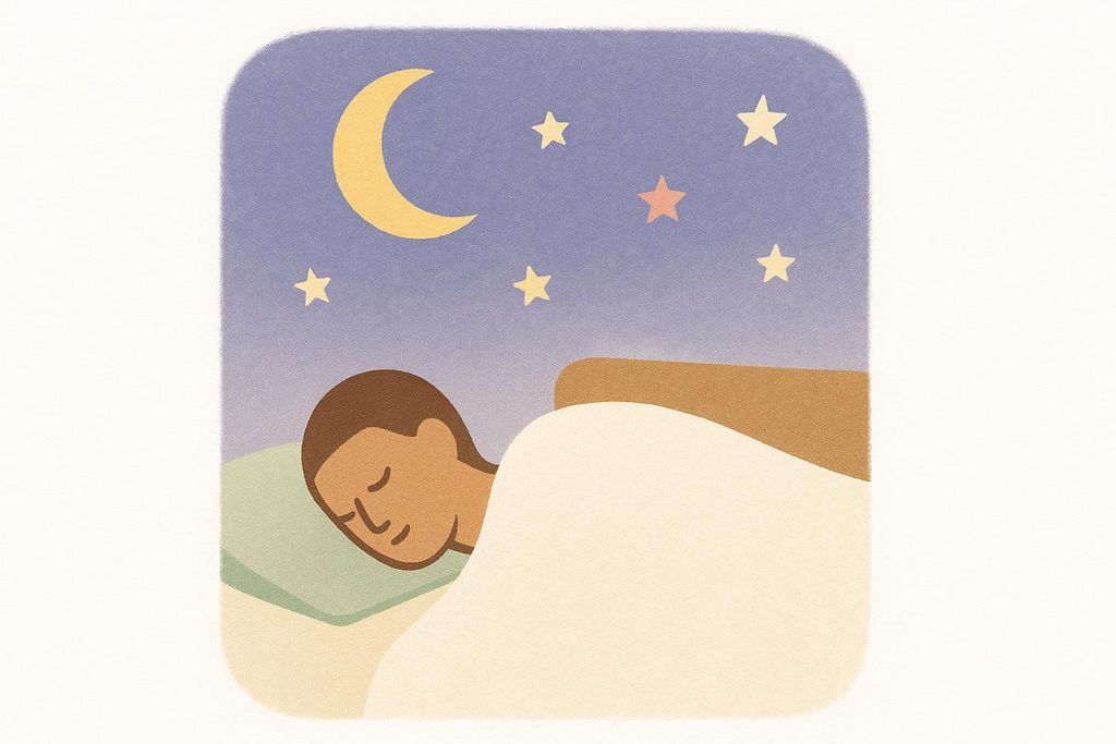 Illustration of a person sleeping peacefully under a moon and stars, representing quality sleep.