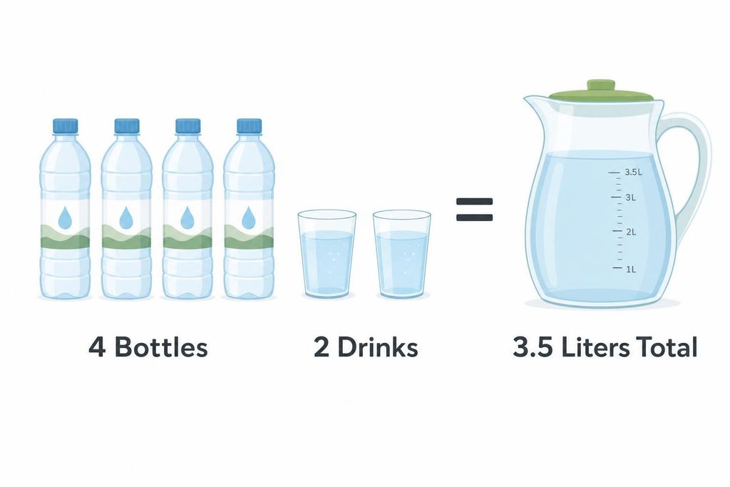 An illustration showing four water bottles and two glasses of water equal to a 3.5-liter pitcher, demonstrating total water volume.