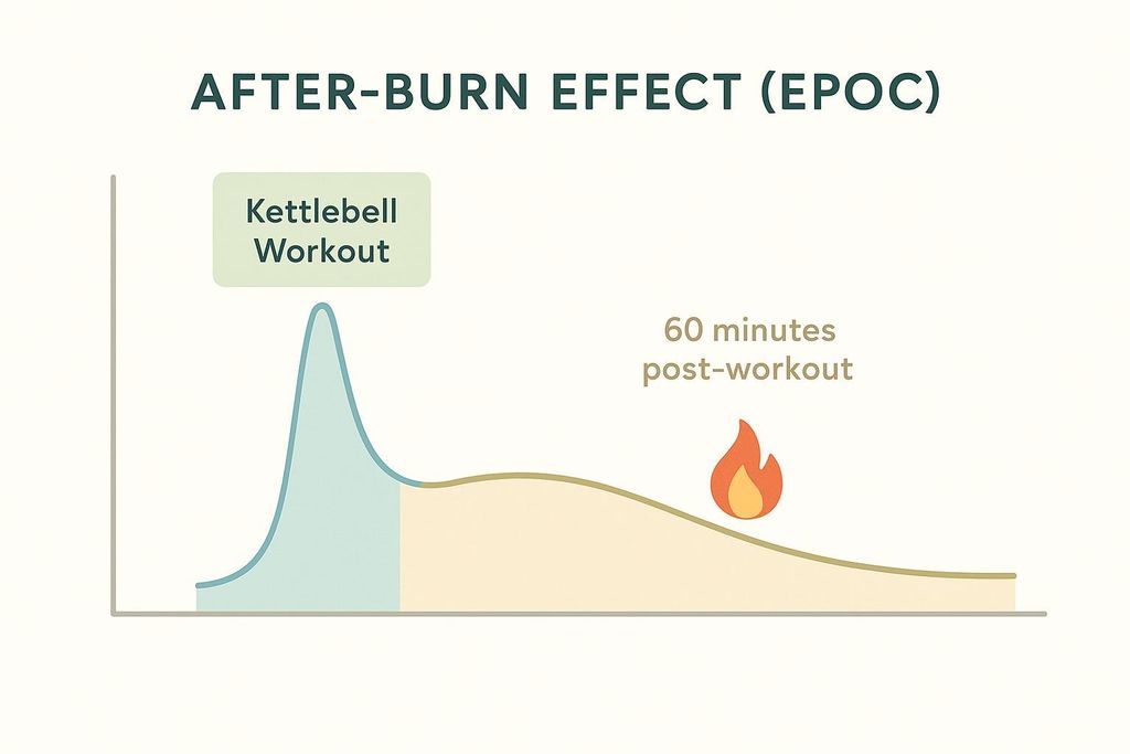 Infographic showing the 'after-burn effect' (EPOC) with a graph. The graph illustrates that calorie burning is elevated during a kettlebell workout (blue peak) and remains elevated for up to 60 minutes post-workout (yellow shaded area with a flame icon).
