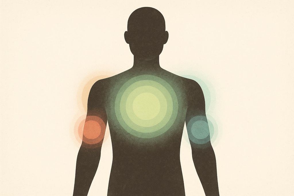 Conceptual illustration of a human torso silhouette with a series of concentric circles glowing in green and blue on the chest and smaller, single circles glowing in red and blue on the upper arms, representing localized tracking or growth within the body.