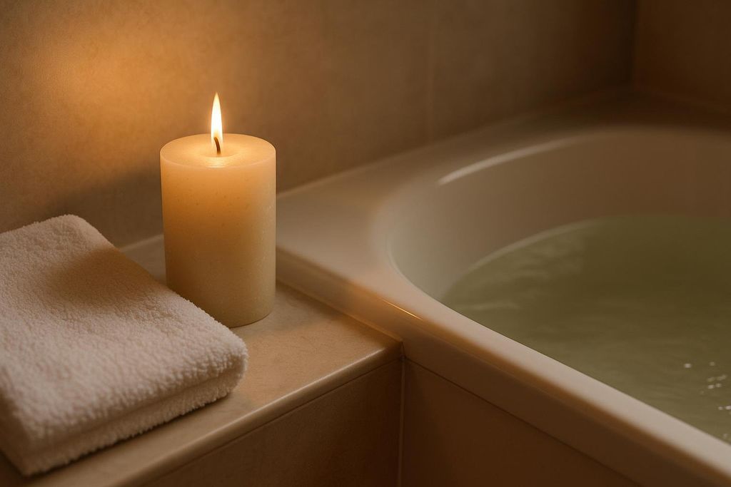 A lit pillar candle and a neatly folded white towel sit next to a bathtub filled with water, creating a relaxing ambiance.