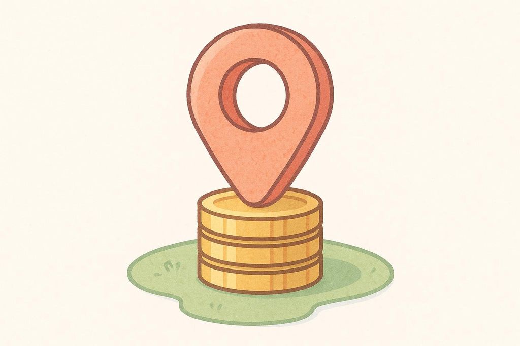 A cartoon illustration of a red map pin resting on a stack of three gold coins, sitting on a patch of green grass. The image symbolizes regional pricing or location-based costs.