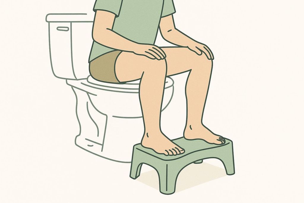 An illustration showing a person sitting on a toilet with their feet elevated on a green footstool, demonstrating how this improves posture.