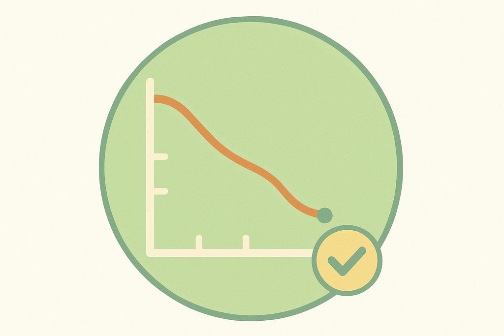 A circular green badge featuring a line graph with a downward sloping orange line, indicating a decrease over time. A small green dot marks the end of the line. In the bottom right corner of the circle, there is a smaller yellow circle with a green checkmark inside, suggesting a successful outcome or confirmation of the trend.