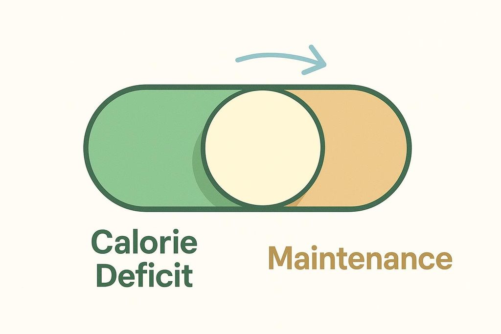 An illustration of a toggle switch with the left side labeled 'Calorie Deficit' in green and the right side labeled 'Maintenance' in brown. An arrow indicates the switch moving to the right, from 'Calorie Deficit' to 'Maintenance'.