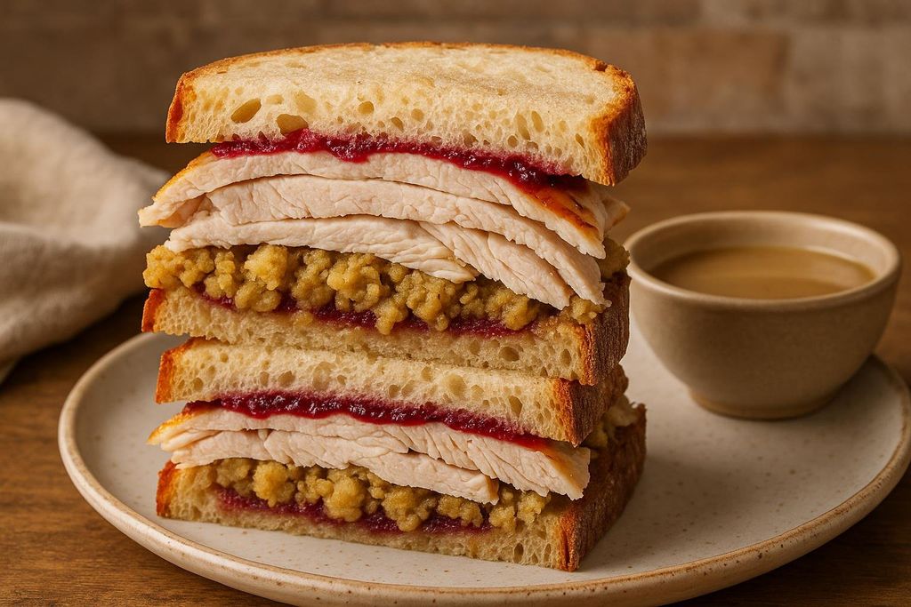 A delicious-looking Thanksgiving leftover sandwich, cut in half and stacked to show layers of turkey, stuffing, and cranberry sauce, with a small bowl of gravy in the background.