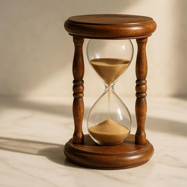 A classic wooden hourglass with sand actively flowing from the top bulb to the bottom, resting on a light-colored marble surface. The hourglass has a dark brown wooden frame, and the sand is a light brown color.