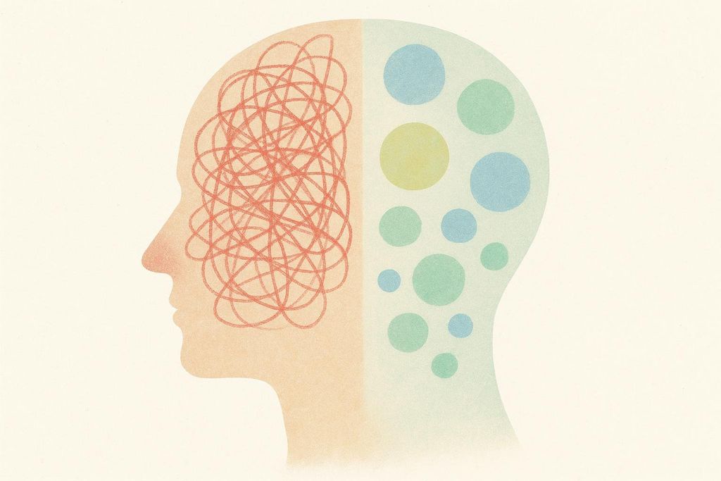 Illustration showing the left side of a head filled with tangled red lines representing stress, while the right side is filled with calm, organized blue, green, and yellow circles representing mental clarity.