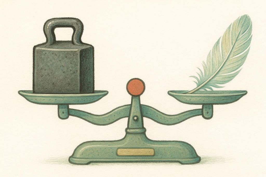 An illustration of an old-fashioned green balance scale. On the left side is a heavy, dark gray weight, causing that side to dip. On the right side is a light green feather, causing that side to be much higher. The scale's pointer is leaning heavily toward the left.