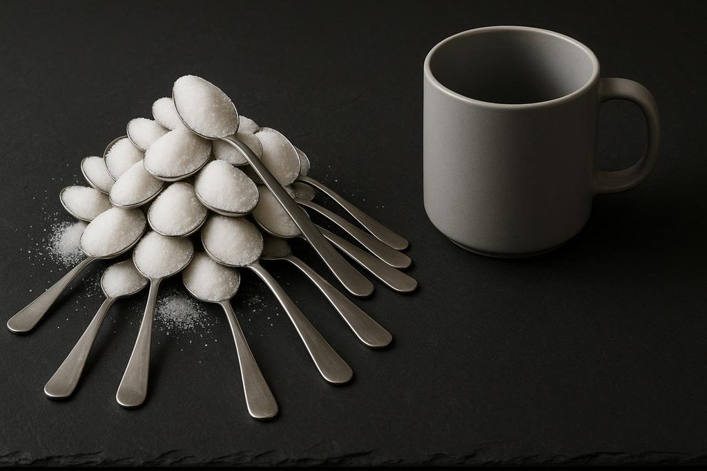 A pile of 17 teaspoons of sugar, visually representing the average American's daily added sugar consumption, arranged on a dark surface next to a plain gray mug.
