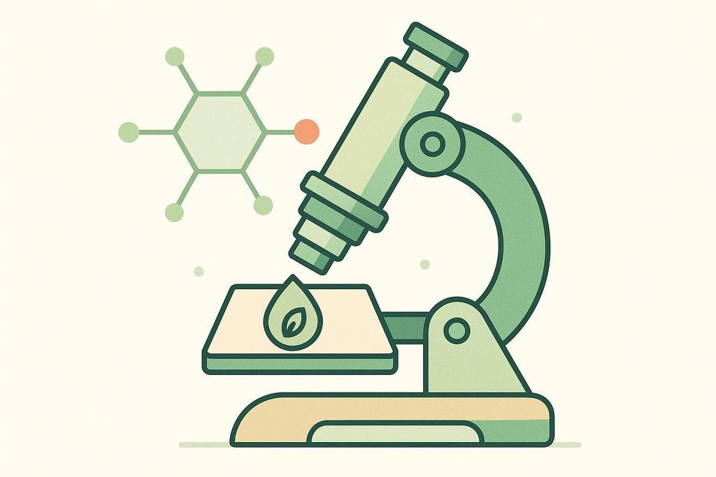 An illustration of a green microscope examining a single green drop containing a leaf-like shape, with a hexagonal molecule structure in the background.
