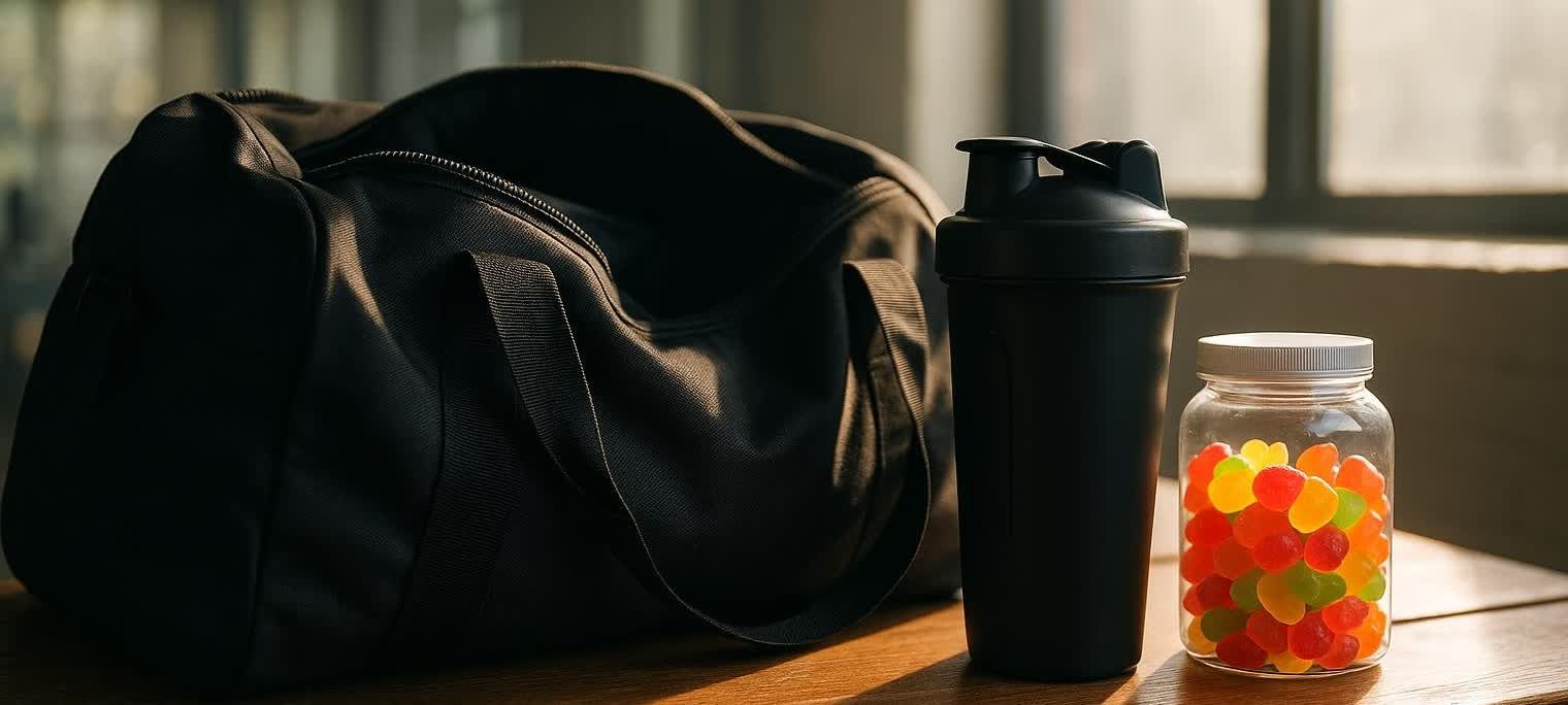 A black gym bag, a black shaker bottle, and a clear jar filled with colorful gummy supplements sit on a wooden surface.