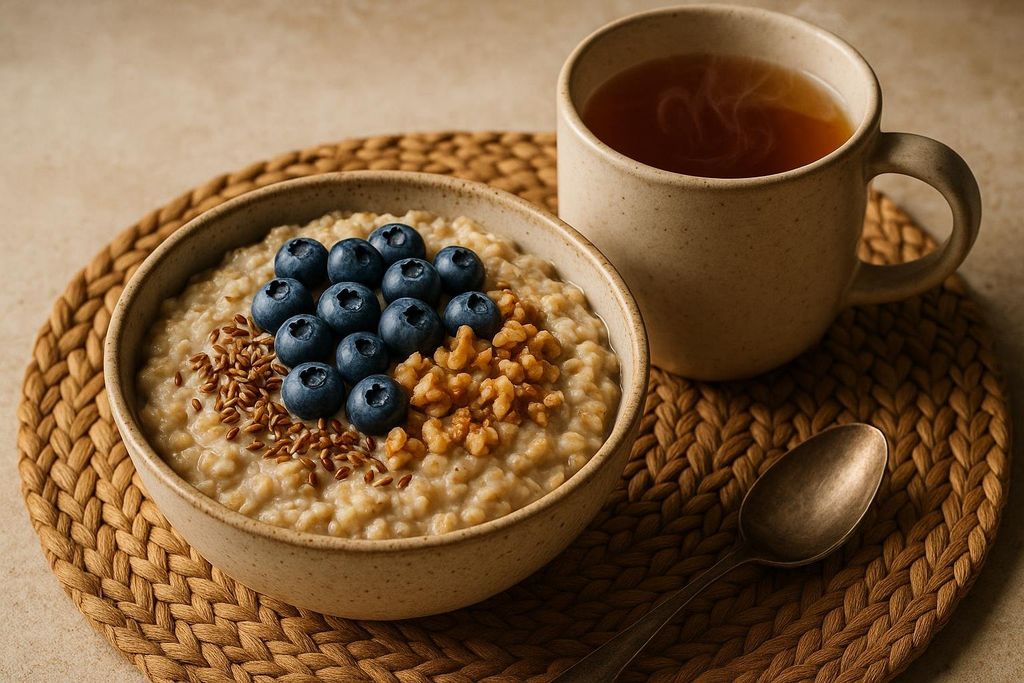 A bowl of oatmeal topped with blueberries, walnuts, and flaxseeds, served alongside a steaming cup of tea on a woven placemat.