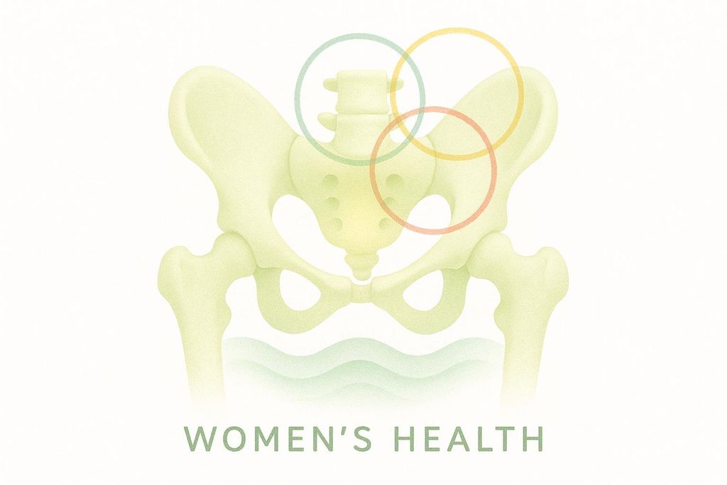An abstract illustration of a female pelvis with overlapping circles in different colors representing hormonal balance and bone structure, with the words "WOMEN'S HEALTH" below.