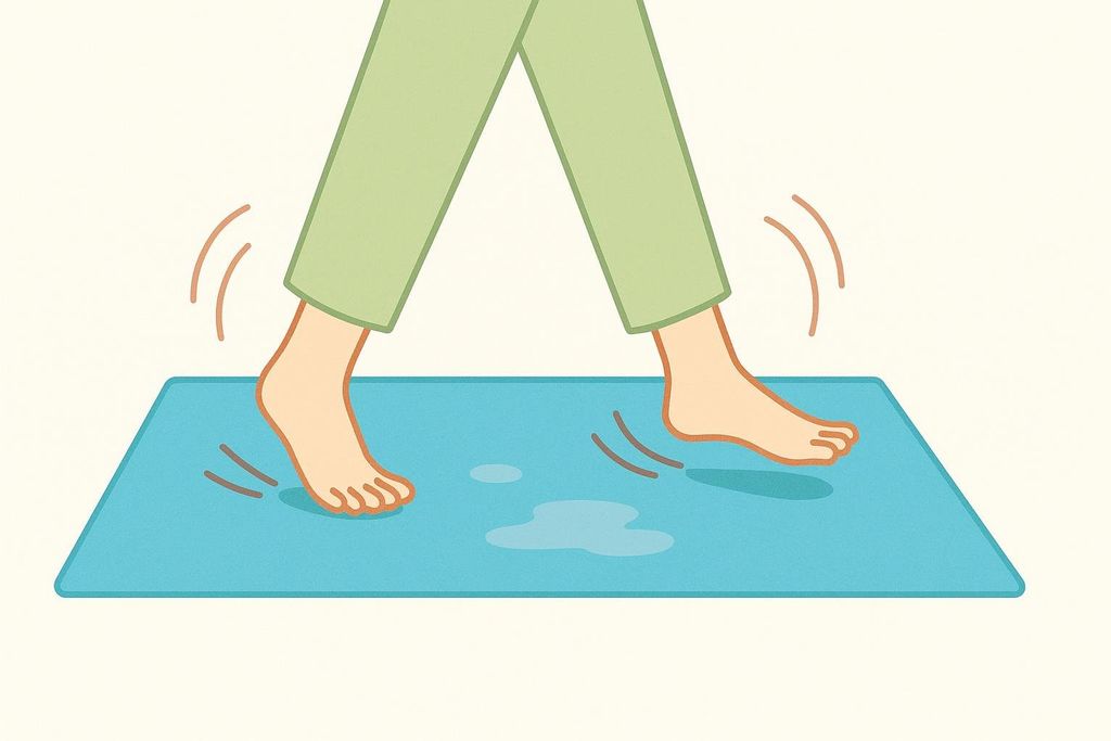 An illustration of feet in light green pants slipping on a wet, blue yoga mat with puddles, showing movement lines around the feet to indicate instability.
