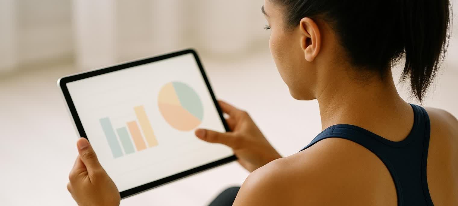 A person, seen from behind, reviews their fitness progress on a tablet displaying simplified bar charts and a pie chart. They are wearing a dark athletic top.