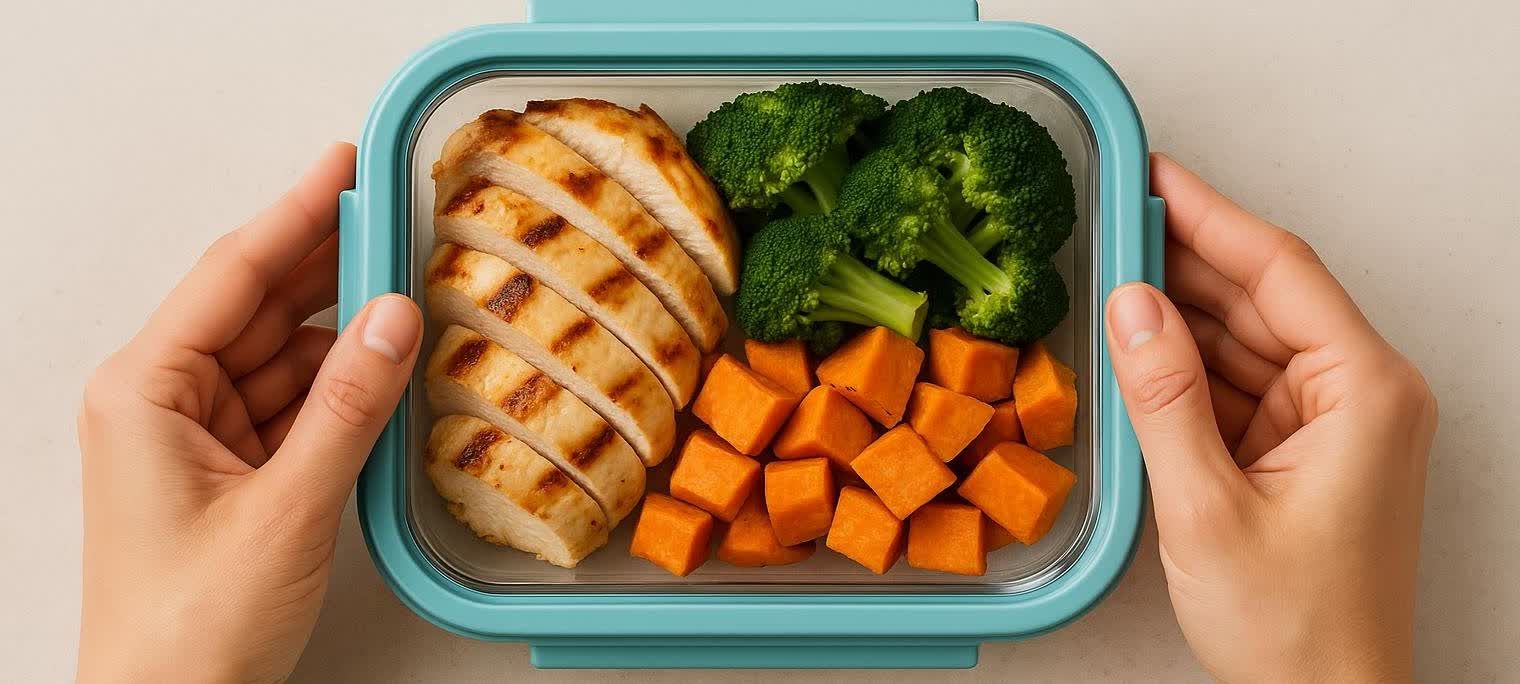 A pair of hands holding a blue meal prep container filled with sliced grilled chicken breast, broccoli florets, and diced sweet potatoes, neatly arranged.