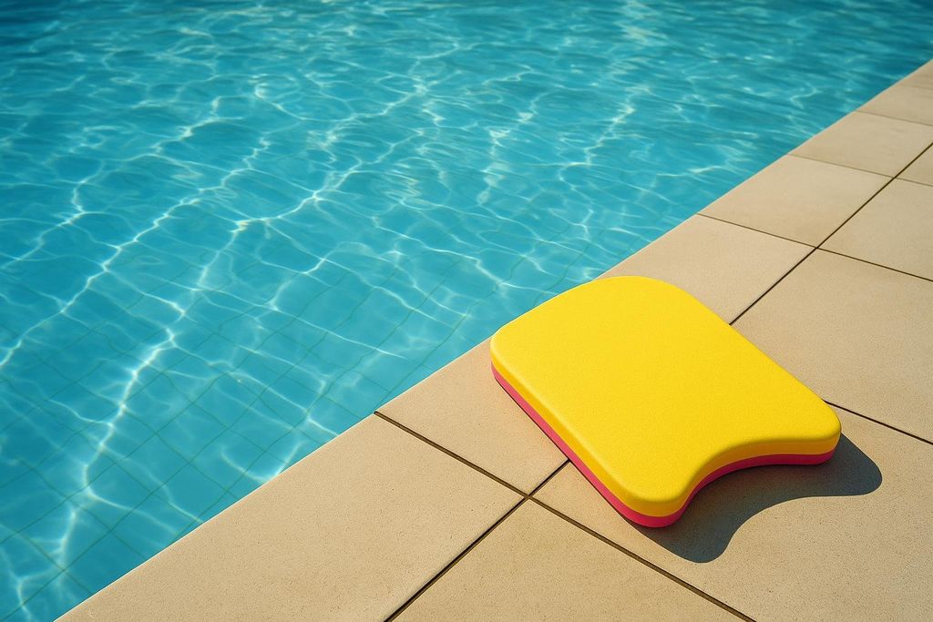 Foam kickboard resting on the tiled edge of a swimming pool