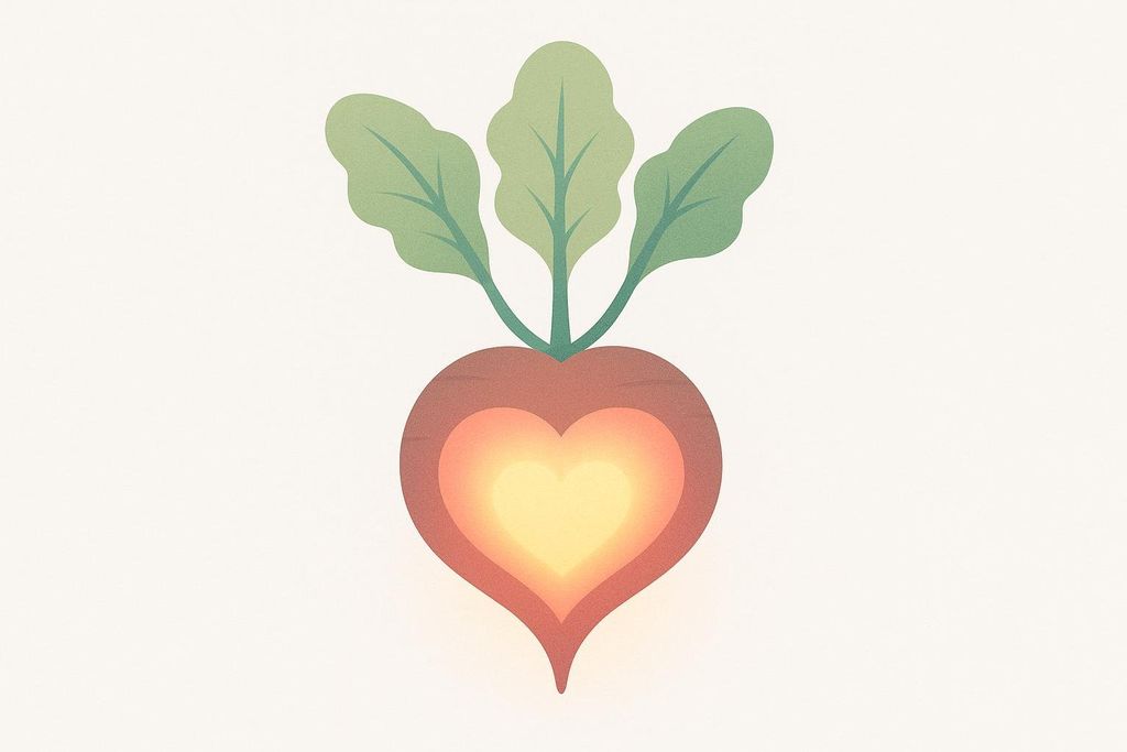 An illustration of a beetroot root shaped like a heart, with a lighter yellow and orange glowing heart inside, and three green leaves sprouting from the top.