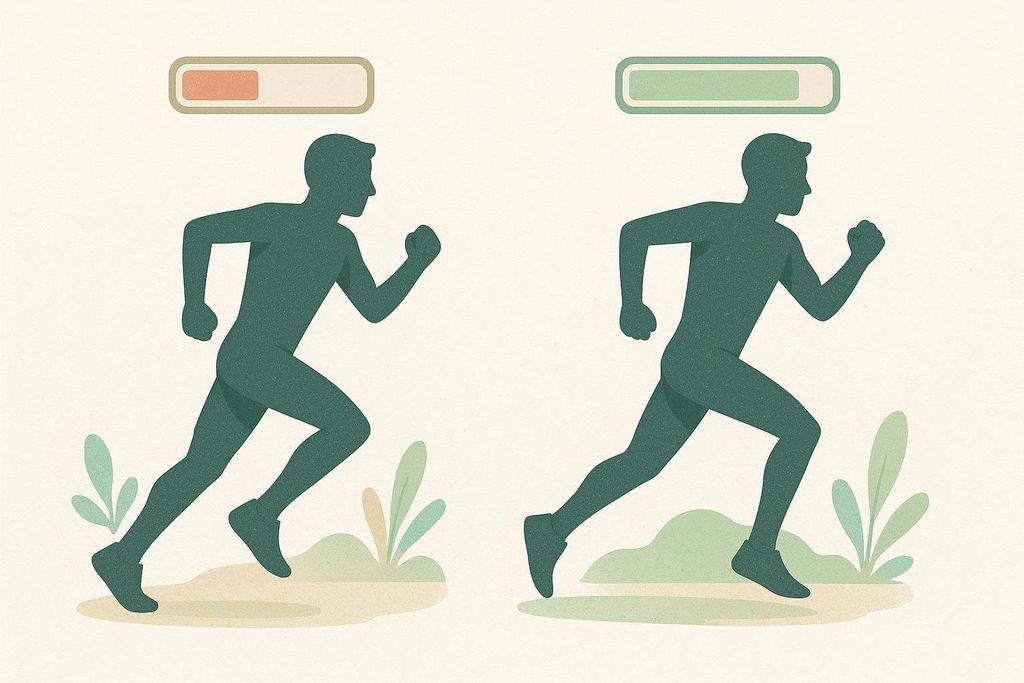 An illustration showing two runners side-by-side. The runner on the left has an almost depleted energy bar above their head, while the runner on the right has a full energy bar. This visual metaphor represents how beta-alanine can help delay fatigue and improve endurance.