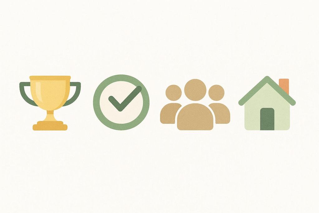 Four icons representing different health tracking goals: a trophy, a checkmark in a circle, figures of people, and a house.