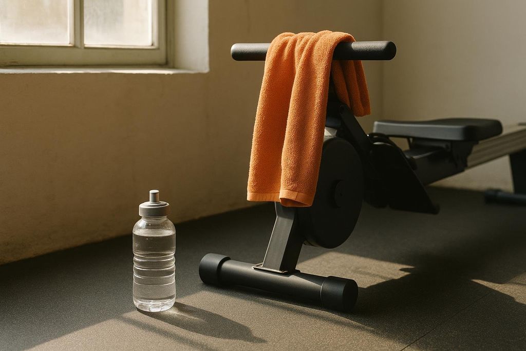 An orange gym towel draped over a black rowing machine, with a clear plastic water bottle on the floor beside it. Sunlight streams in from a window on the left.