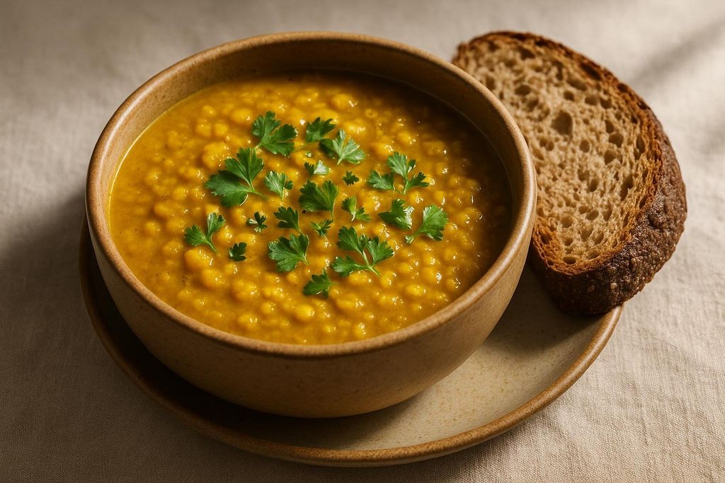 A bowl of golden turmeric lentil soup with a slice of whole-grain bread.