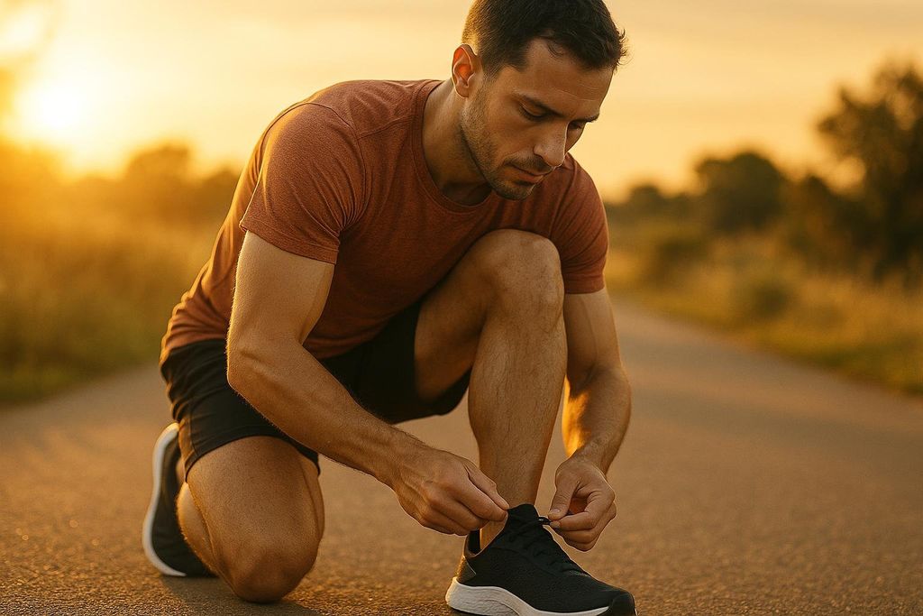A man in athletic wear kneels on a road at sunrise, tying the laces of his black running shoe. The warm golden light illuminates him and the surrounding blurred landscape.
