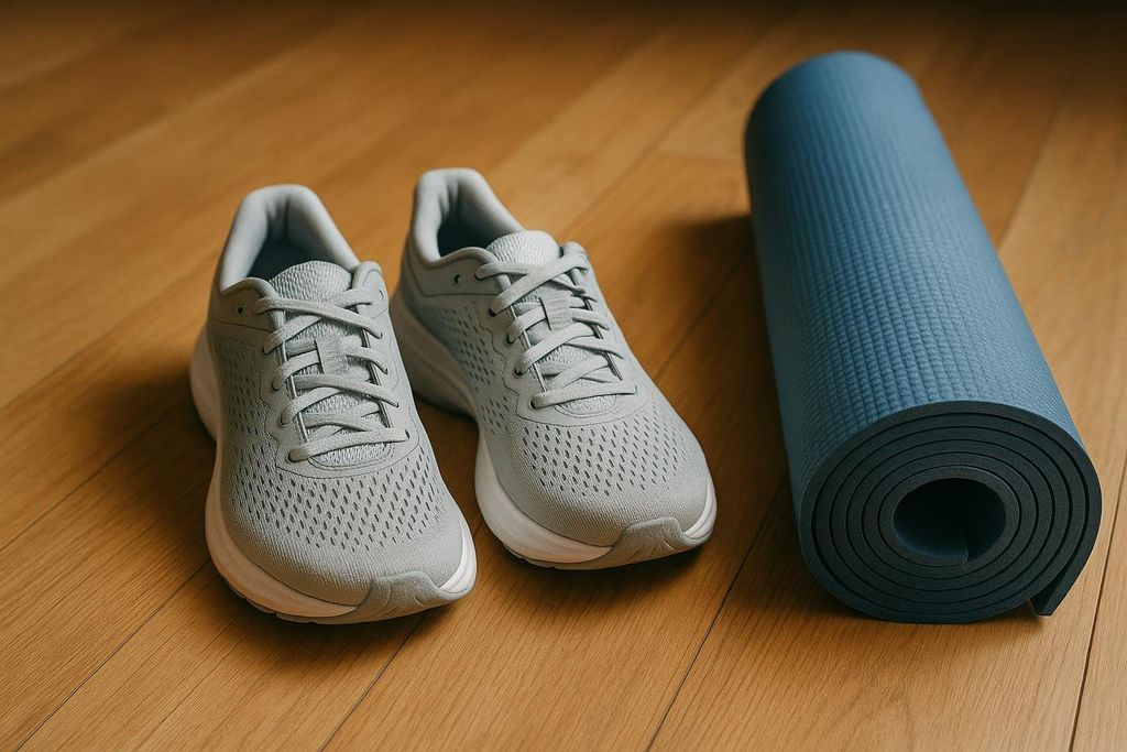 A pair of light gray running shoes next to a rolled-up blue yoga mat on a polished wood floor, ready for a workout.