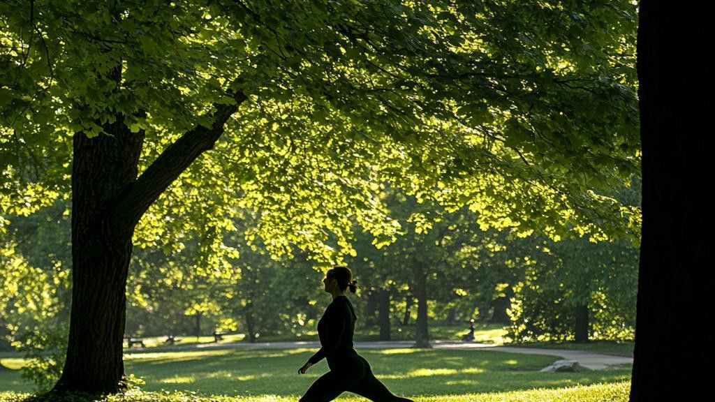 A woman is performing a yoga pose under a large tree in a sunny park.