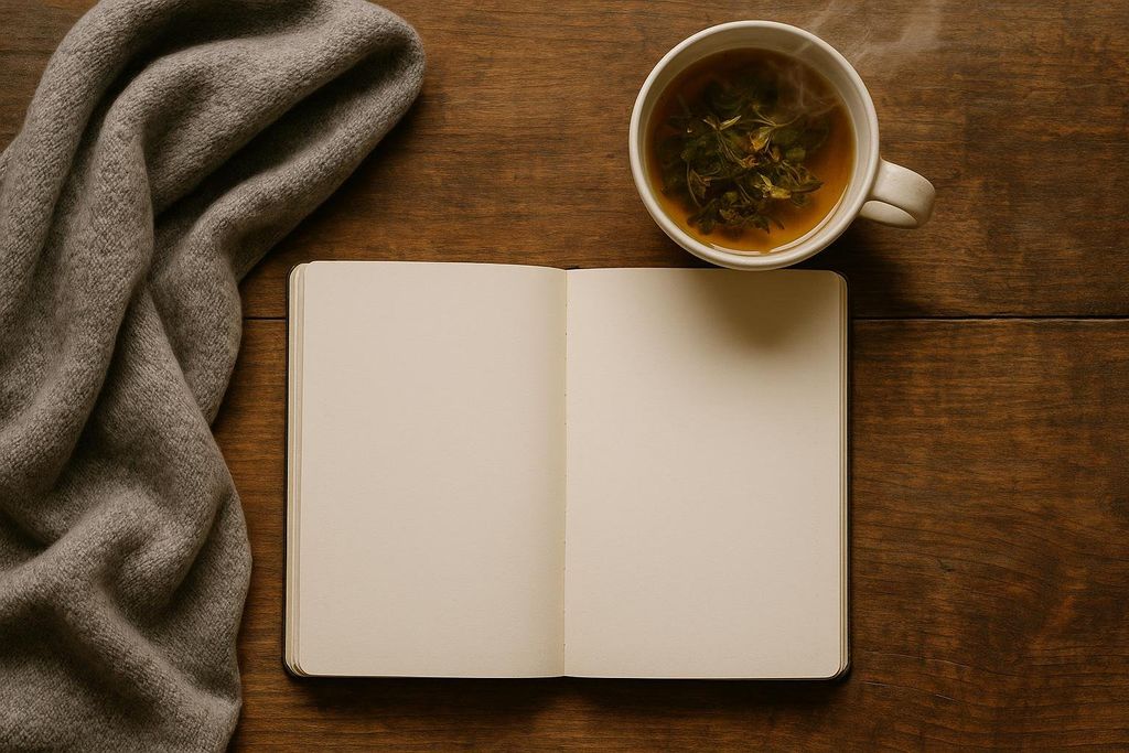 An overhead shot of a cozy tabletop setting featuring an open journal with blank pages, a steaming cup of herbal tea, and a folded gray knitted blanket on a wooden surface.