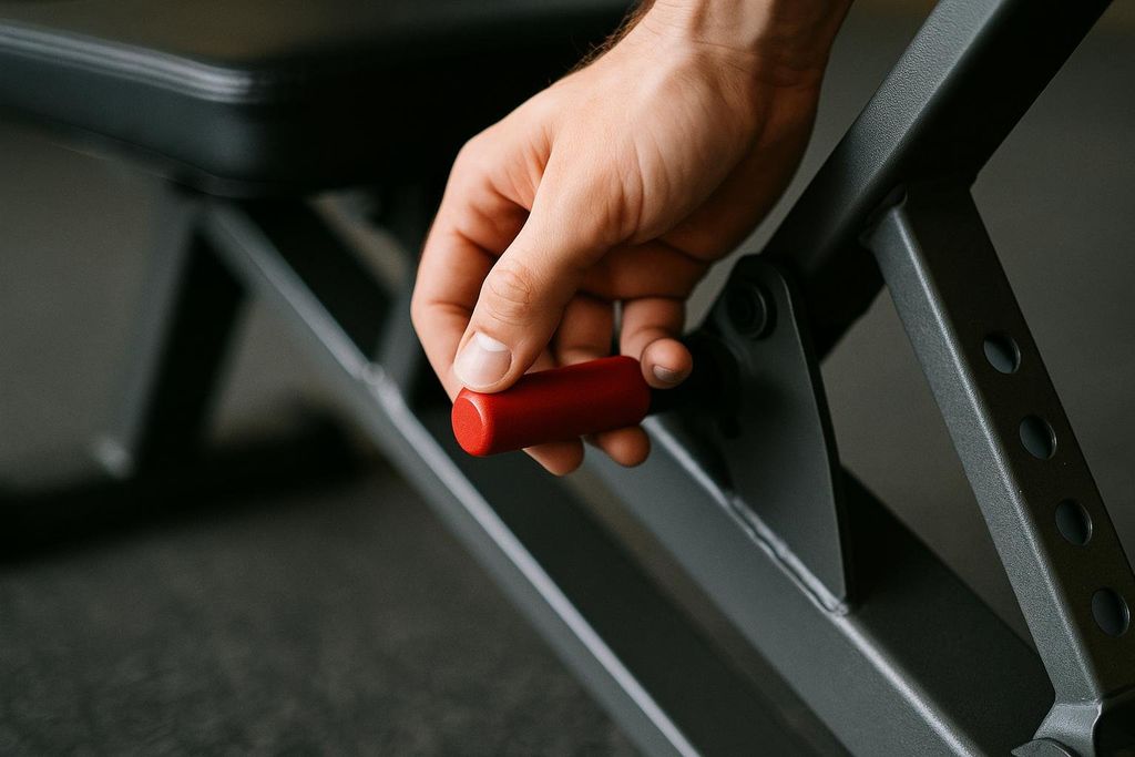 Close-up of a hand pulling the red adjustment pin on the side of a black incline weight bench. The pin is cylindrical with a rounded end.