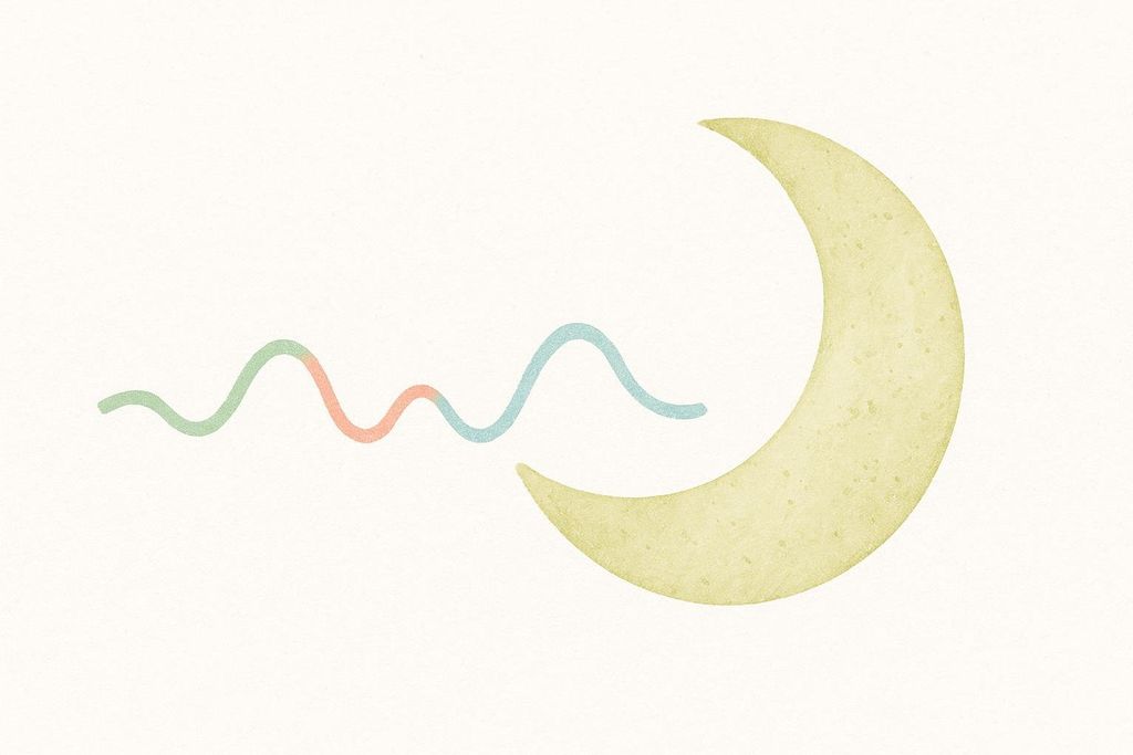 An illustration conceptualizing the phases of the menstrual cycle with a simple wave and moon design. A squiggly line in various colors (green, pink, blue) represents the phases, leading towards a pale yellow crescent moon, all against a textured white background.