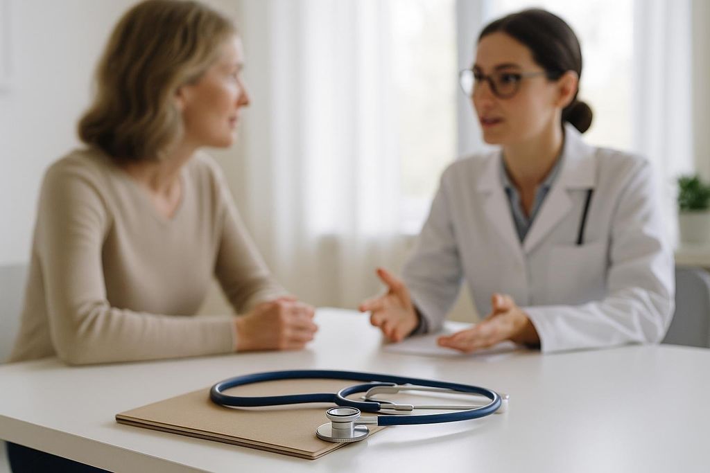 A female doctor in a white lab coat sitting across a desk from a female patient, gesturing as she talks. A stethoscope lies on a clipboard in the foreground.