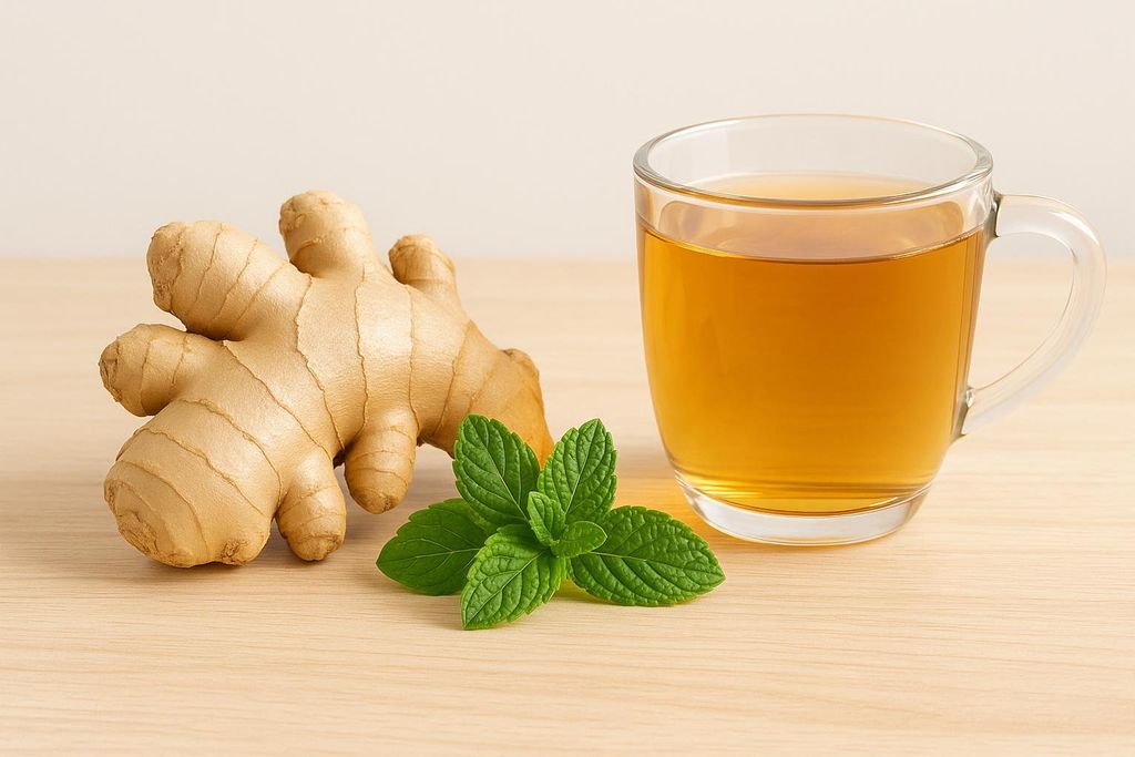 A fresh ginger root and a sprig of peppermint leaves are arranged next to a clear glass mug of golden herbal tea, illustrating natural remedies.