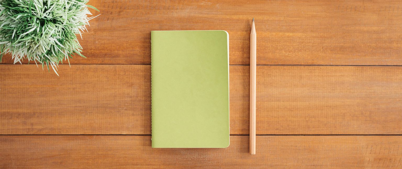 Top-down view of a green notebook, a pencil, and a fake plant on a wood desk.