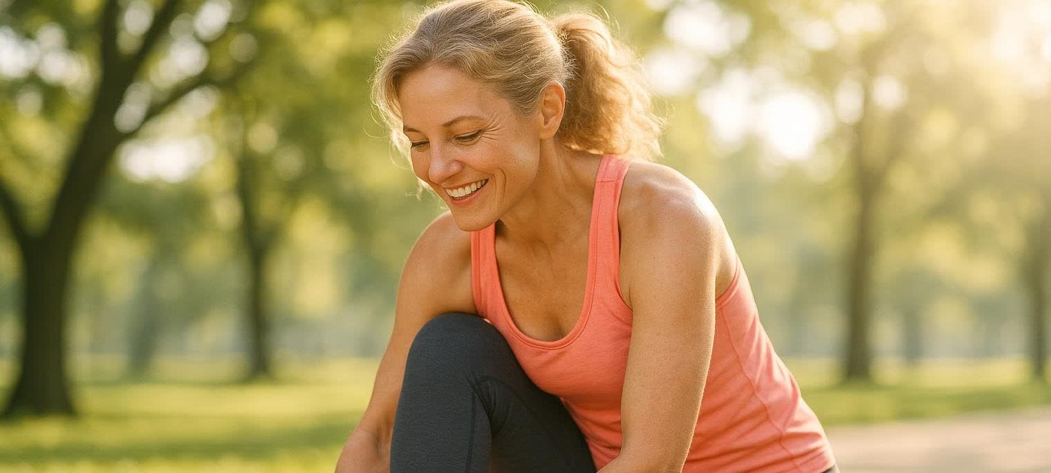 A middle-aged woman in a pink athletic tank top and dark leggings, with her hair in a ponytail, smiles as she bends down to tie her running shoe outdoors in bright morning sunlight, with trees and green foliage blurred in the background.