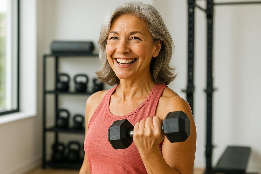 A smiling, healthy woman with gray hair in her 50s, wearing a coral tank top, lifts a dumbbell. In the background, out of focus, are shelves with kettlebells and gym equipment.