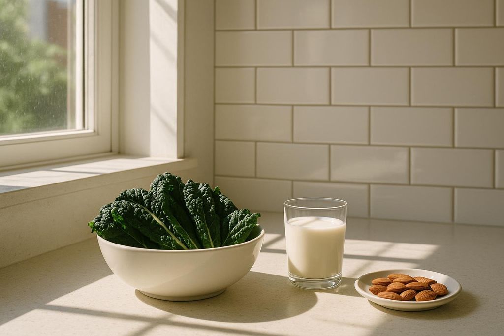 A white bowl of dark green kale sits next to a glass of milk and a small dish of almonds on a countertop. Sunlight streams in through a window, casting shadows on the counter.