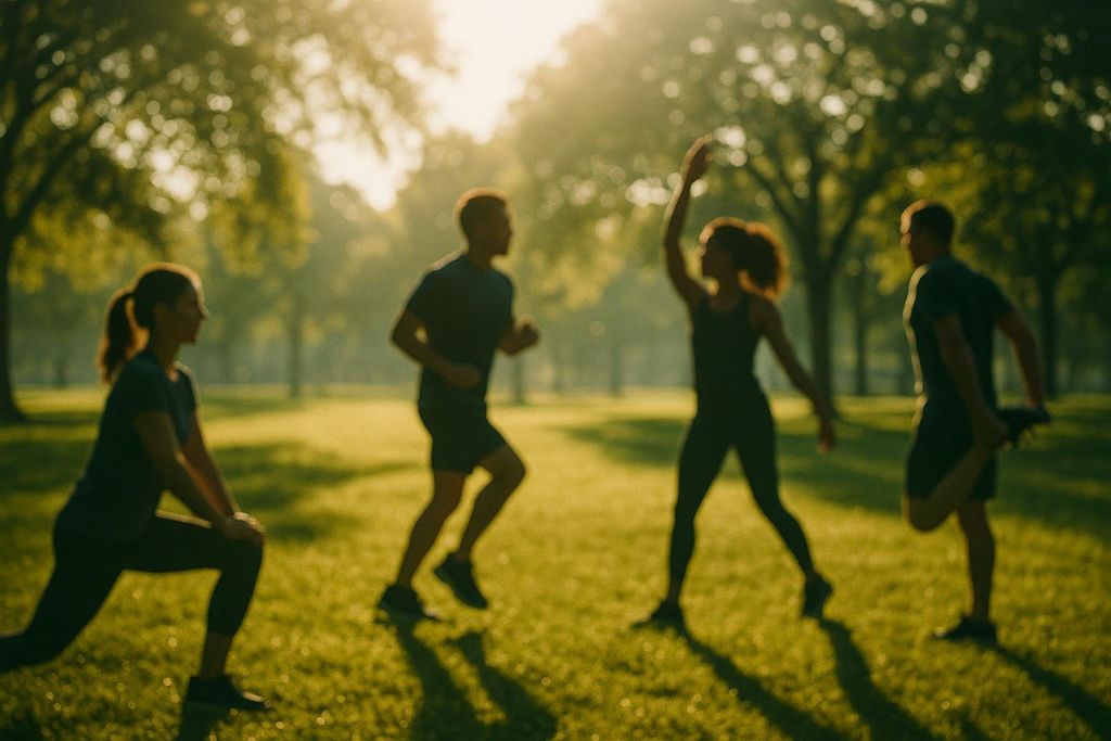 Silhouette of four people exercising in a park at sunrise. One person is stretching, one is jogging, one is doing jumping jacks, and another is stretching.